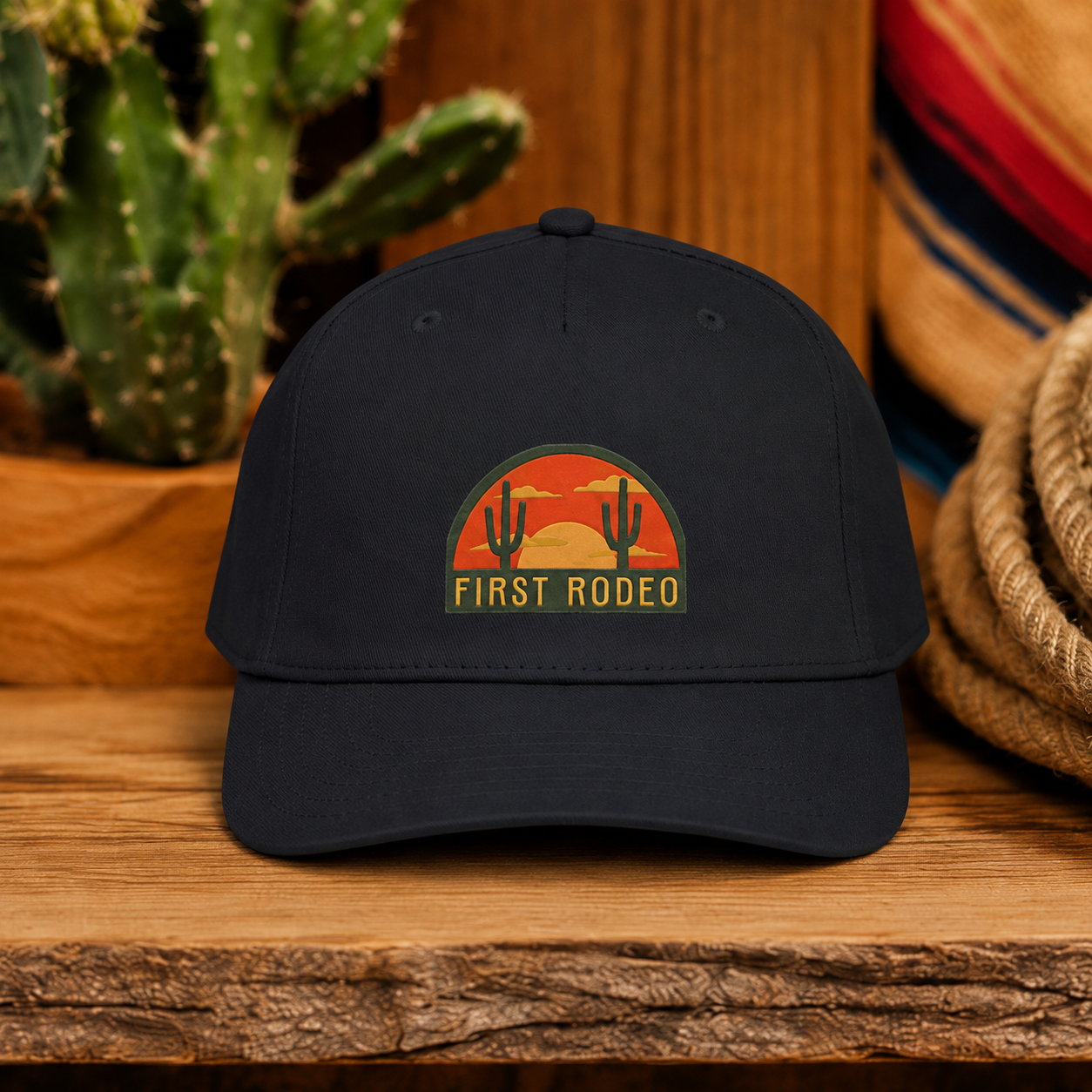 First Rodeo desert sunset cactus western snapback hat displayed on rustic wood table with western decor background.