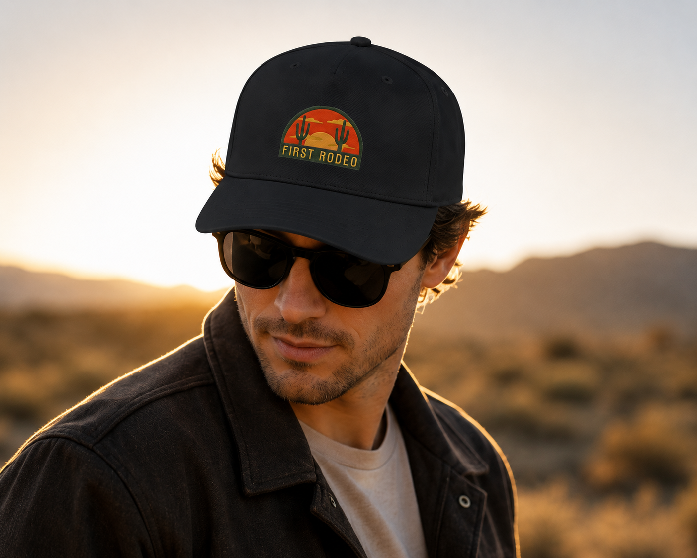 First Rodeo desert sunset cactus western snapback hat displayed on rustic wood table with western decor background.